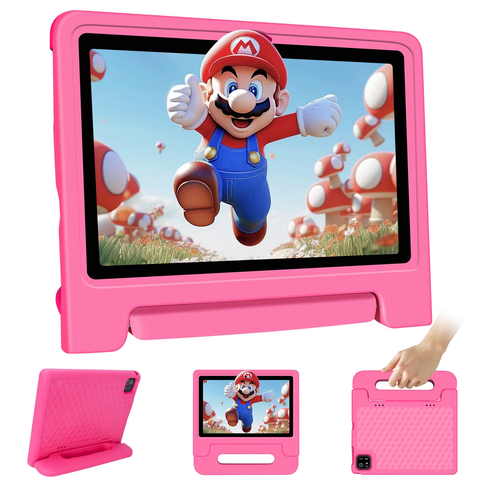 VNEIMQN Tablet per Bambini Android 14, con WiFi e Bluetooth, Doppia Fotocamera 10.1 Pollici HD, Octa-Core, 8GB RAM, 64GB ROM (1TB TF), Controllo Parentesco, Batteria 6000mAh (Rosa)