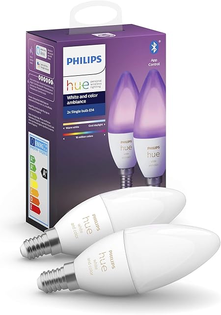 Philips Hue White and Colour Ambiance LED Smart Light Bulb 2 pack, Candle [E14 Small Edison Screw] , with Bluetooth, Works with Alexa, Google Assistant and Apple Homekit.