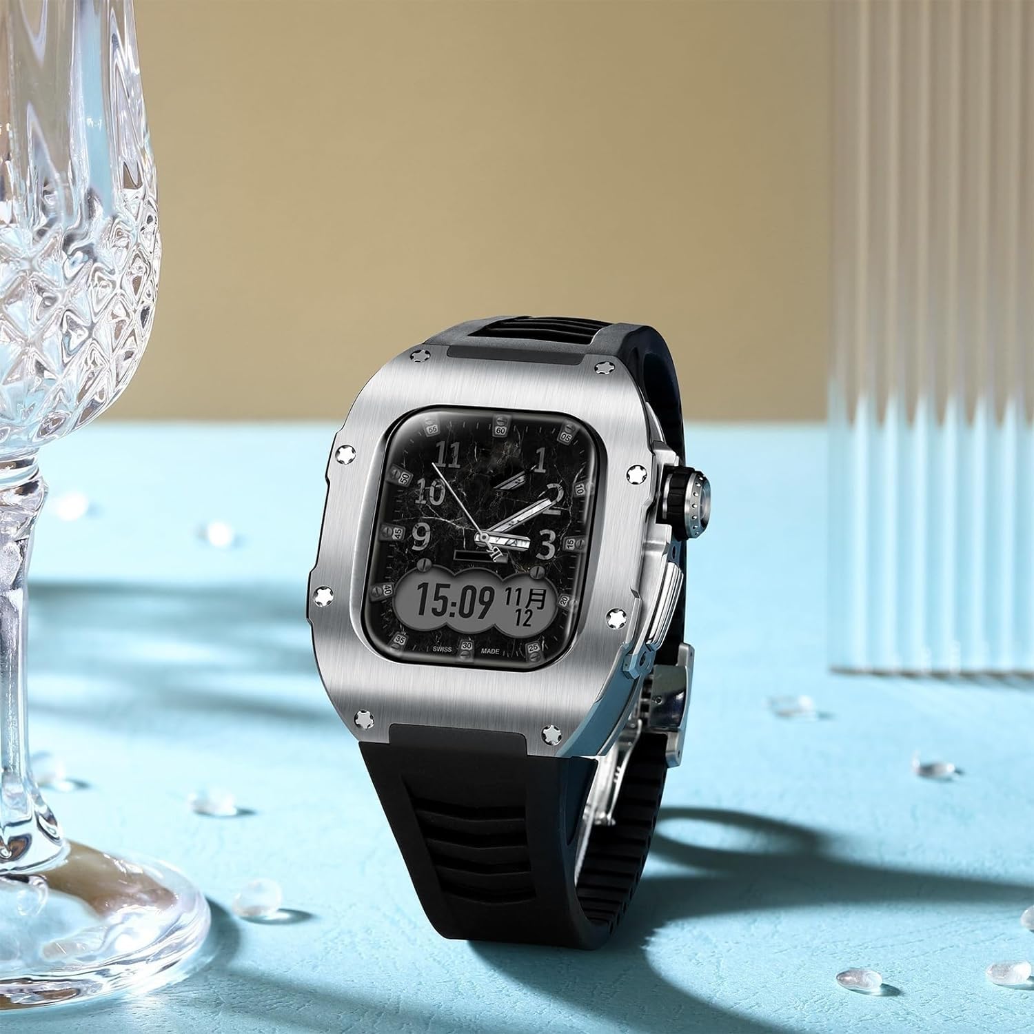 EZZON Tytanowe meta etui, gumowa opaska, zestaw mod, do Apple Watch 9, 8, 7, 6, 5, 4 SE, dla mężczyzn i kobiet, metalowe etui do zegarka, silikonowy pasek do zegarka, akcesoria zamienne do zegarka