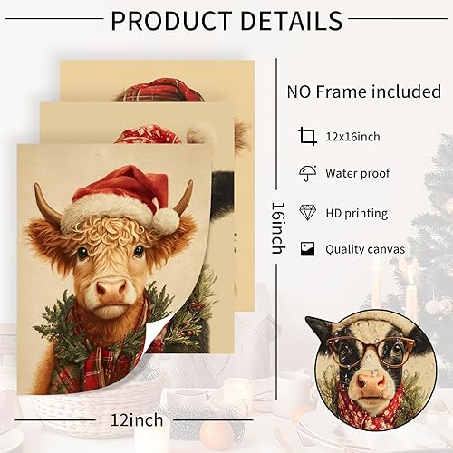 Miniatura 2 de Goipwss 3 piezas de arte de pared en lienzo navideño, imágenes únicas de vaca de las tierras altas, decoración de Navidad, decoración del hogar de