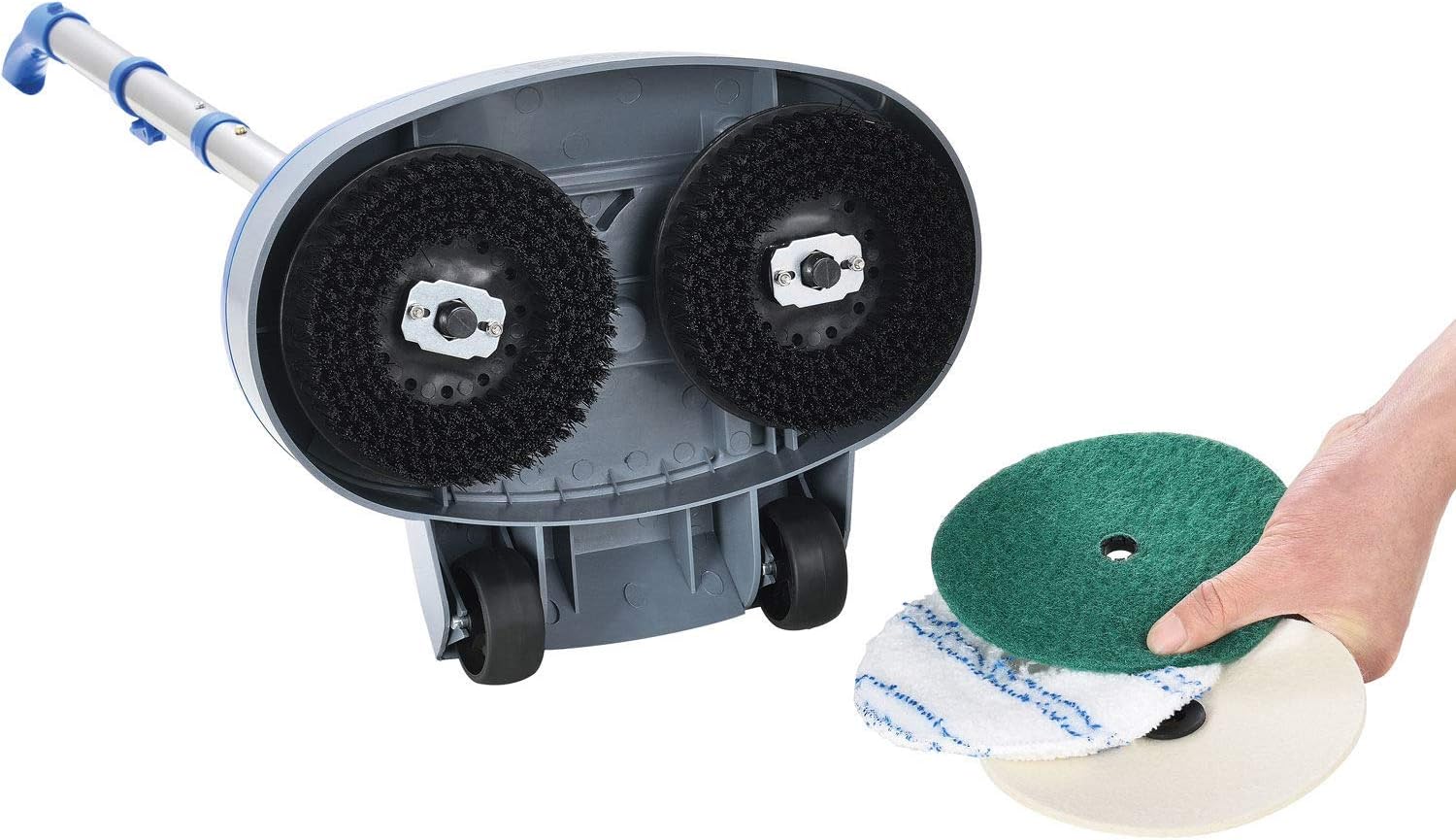 Global Industrial Mini Floor Scrubber With Floor Pads, 11" Cleaning Path, Dual Nylon Scrub Brushes, Cleans & Polishes Tile, Wood, Marble and other Hard Floors