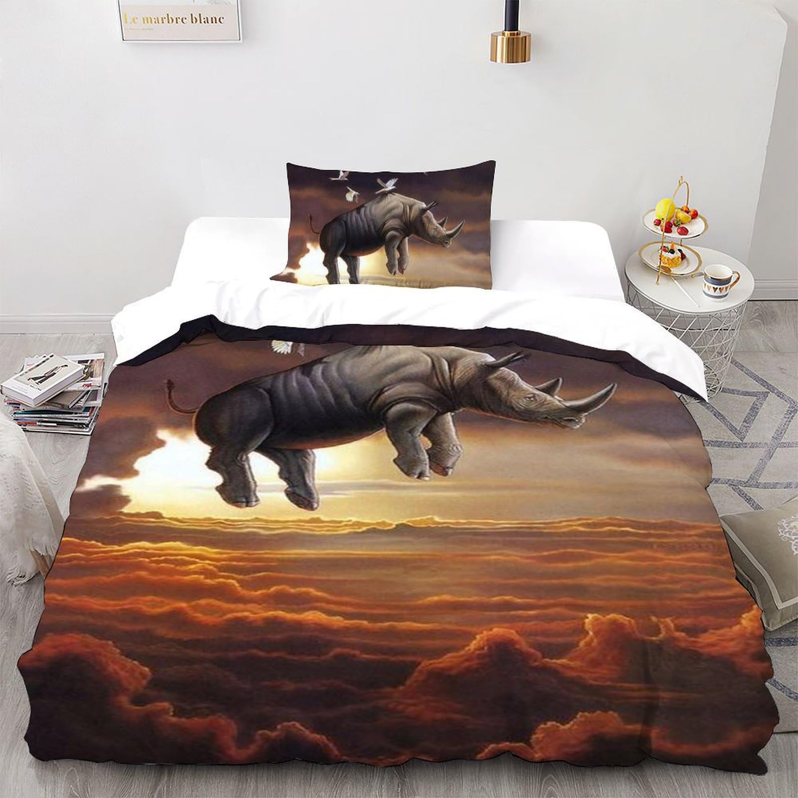 Housse de couette rhinocéros microfibre anti-plis literie animaux 135x200 cm enfant