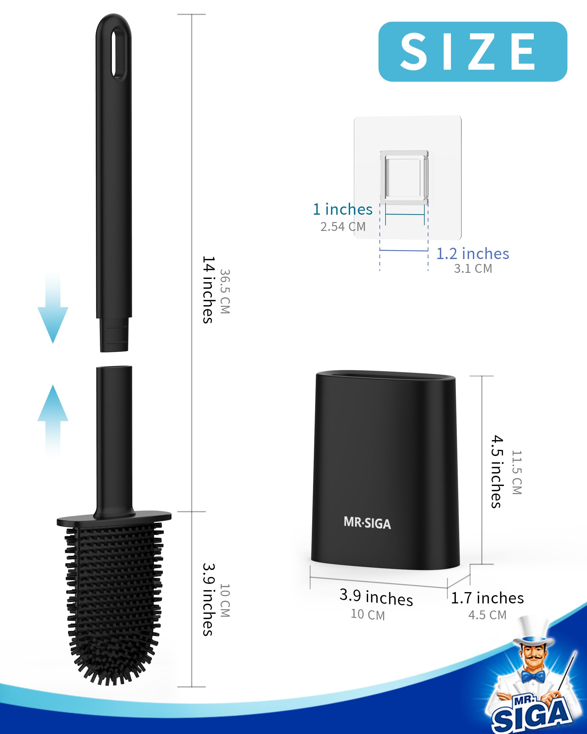 Lot 2 Brosses WC Silicone MR.SIGA – Brosse Toilette Flexible Avec Support Mural, Noir Élégant