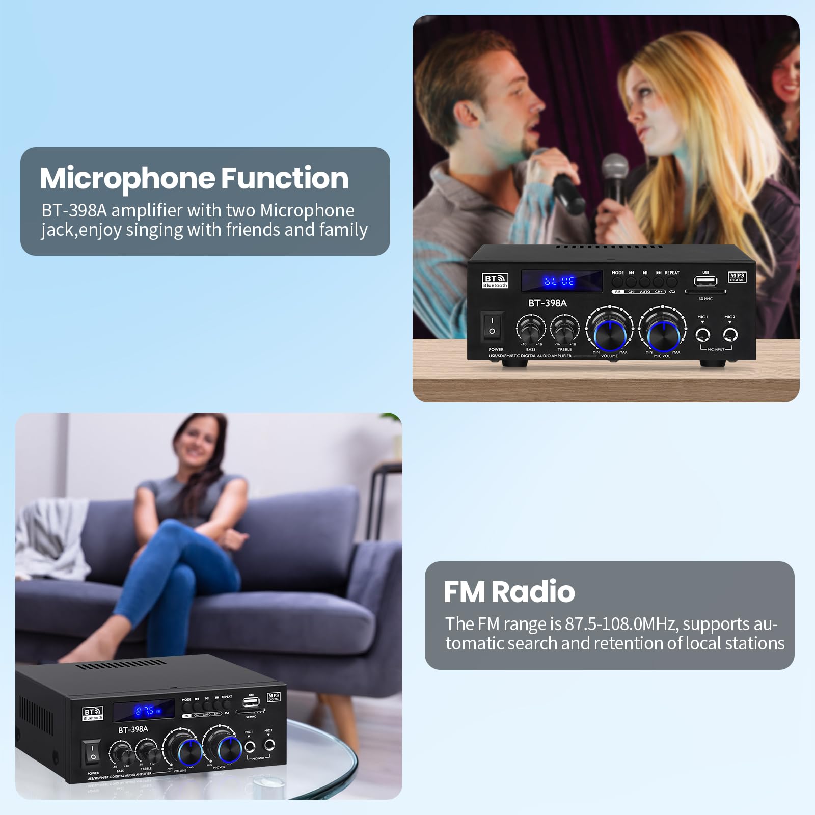 BT-398A Amplificateur Audio, Amplificateur Bluetooth 5.0 2.0 canaux 60Wx2 Mini Amplificateur haut-parleurs Amplificateurs de son numériques avec radio FM USB SD Card pour système audio home cinéma