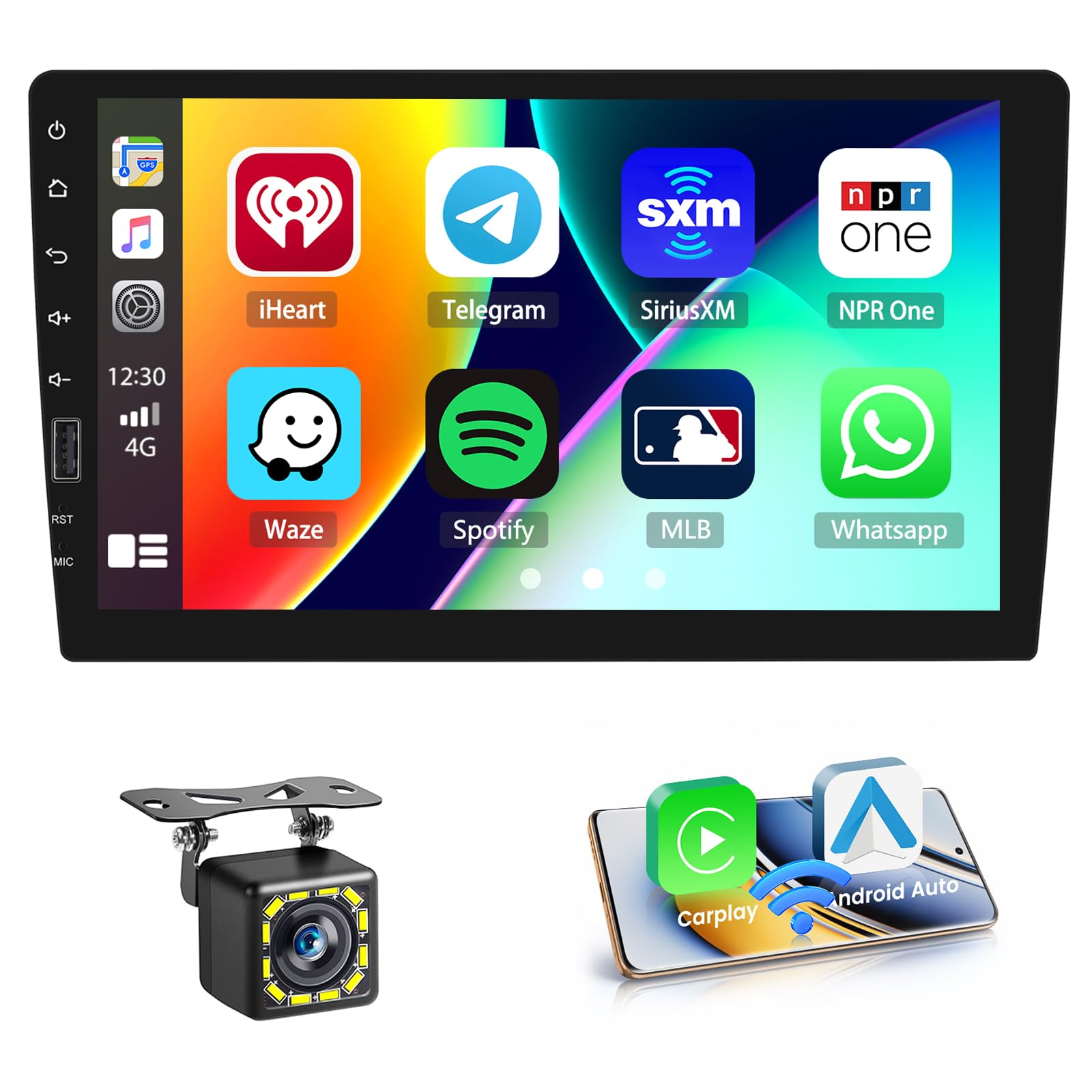 Hikity Radio Coche 1 DIN con Pantalla de 9 Pulgadas, Radio 1 DIN con Carplay Android Auto Inalámbrica Reproducción de Video en Línea Salida de Video Radio FM BT SWC Pantalla Táctil CAM+Mic