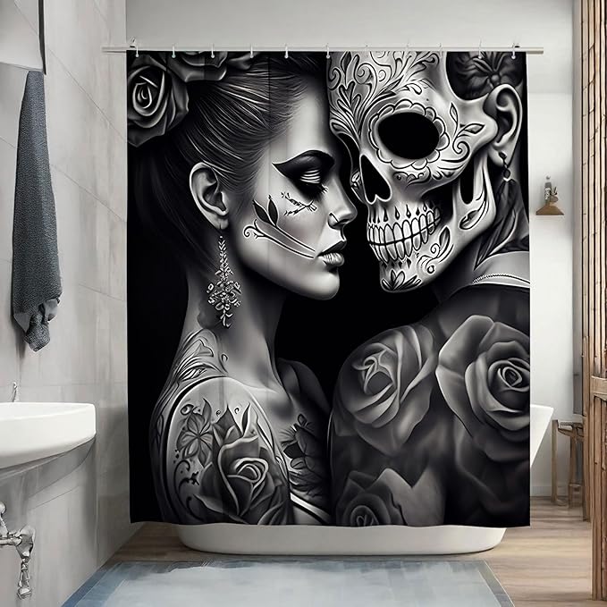 Fantasy Mexican Skull Shower Curtain, Couple Sugar Skull Shower Curtain,Beauty Waterproof Bathroom Shower Curtains for Bathroom,Polyester Shower Curtain with 12 Hooks 72x72 Inches