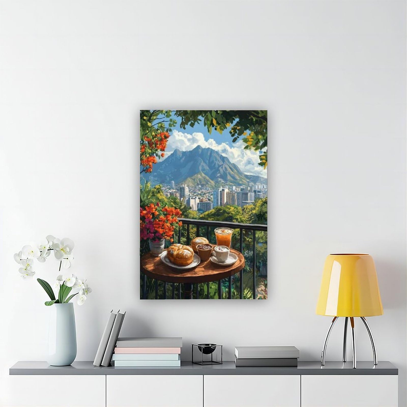 QOTOPGPG Poster su tela con vista sul balcone di Pan Dulce Breakfast, Monterrey, decorazione per camera da letto, ufficio, stanza, regalo, 60 x 90 cm