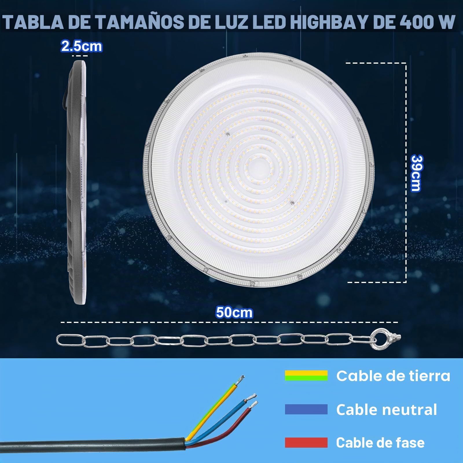 400W Naves Industriales LED, 6500K UFO Lámpara de Alta Bahía con cadena, IP65 resistente Foco de Techo Industrial, Iluminación Comercial para fábricas, garajes y almacenes
