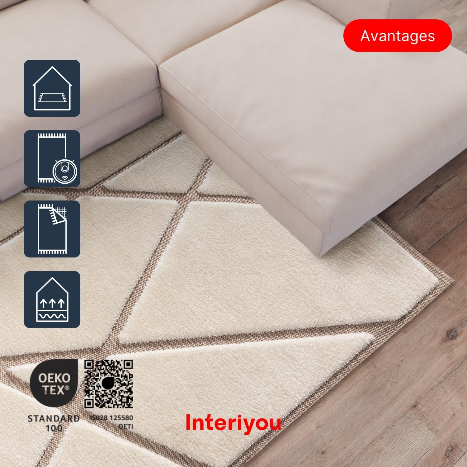 Interiyou Tapis Salon Verona - 160x230 Crème/Beige - Poils Longs avec Effet 3D - Motif géométrique - Intérieur pour Chambre, Bureau, Couloir - Facile à Entretenir