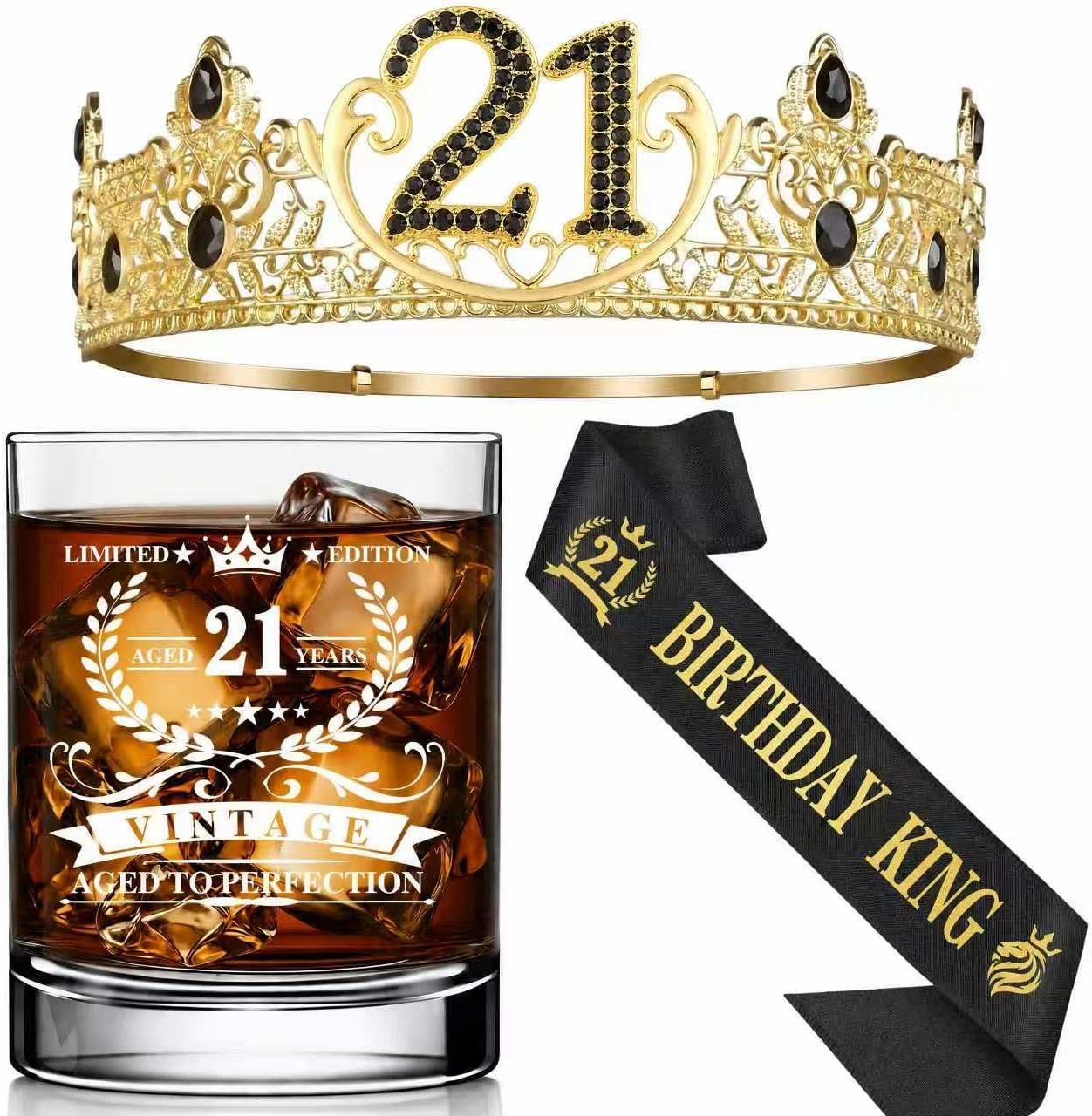 60th Birthday Whiskey Gift Set for Men, 11 oz Glass, Crown and Sash