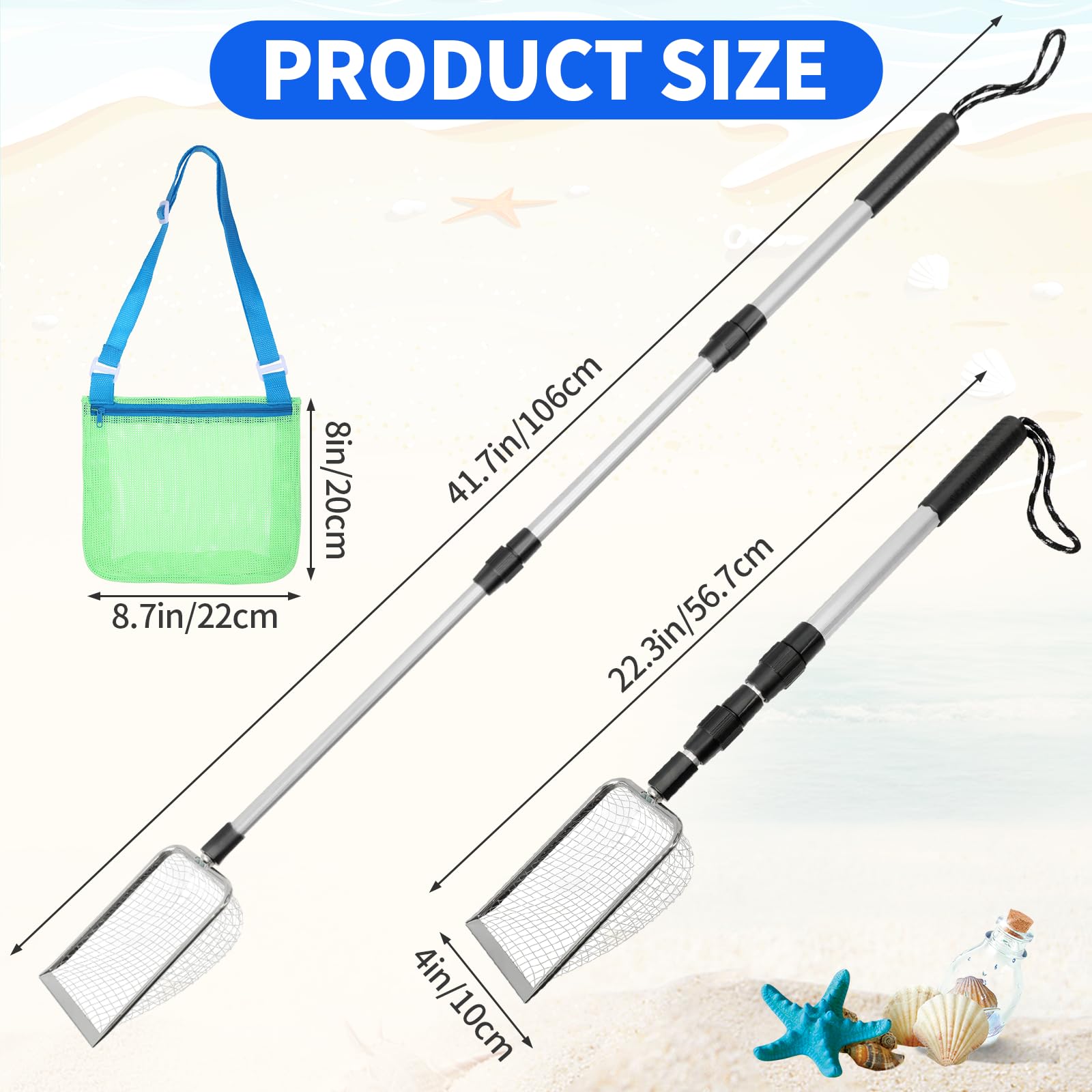 Mowouhn 2PCS Shark Teeth Sifter for Beach with 2 Seashell Bag, Beach Sand Sifter for Picking Up Shells, Sand Scoop Shell Scooper for Beach with Retractable Long Handle, Shark Tooth Sifter Dipper
