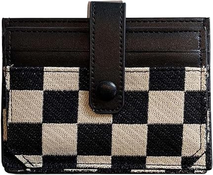 Cute Slim Checkered Canvas Wallet for Women Compact Front Pocket Credit Card Case, Minimalist Purse for Cards Black