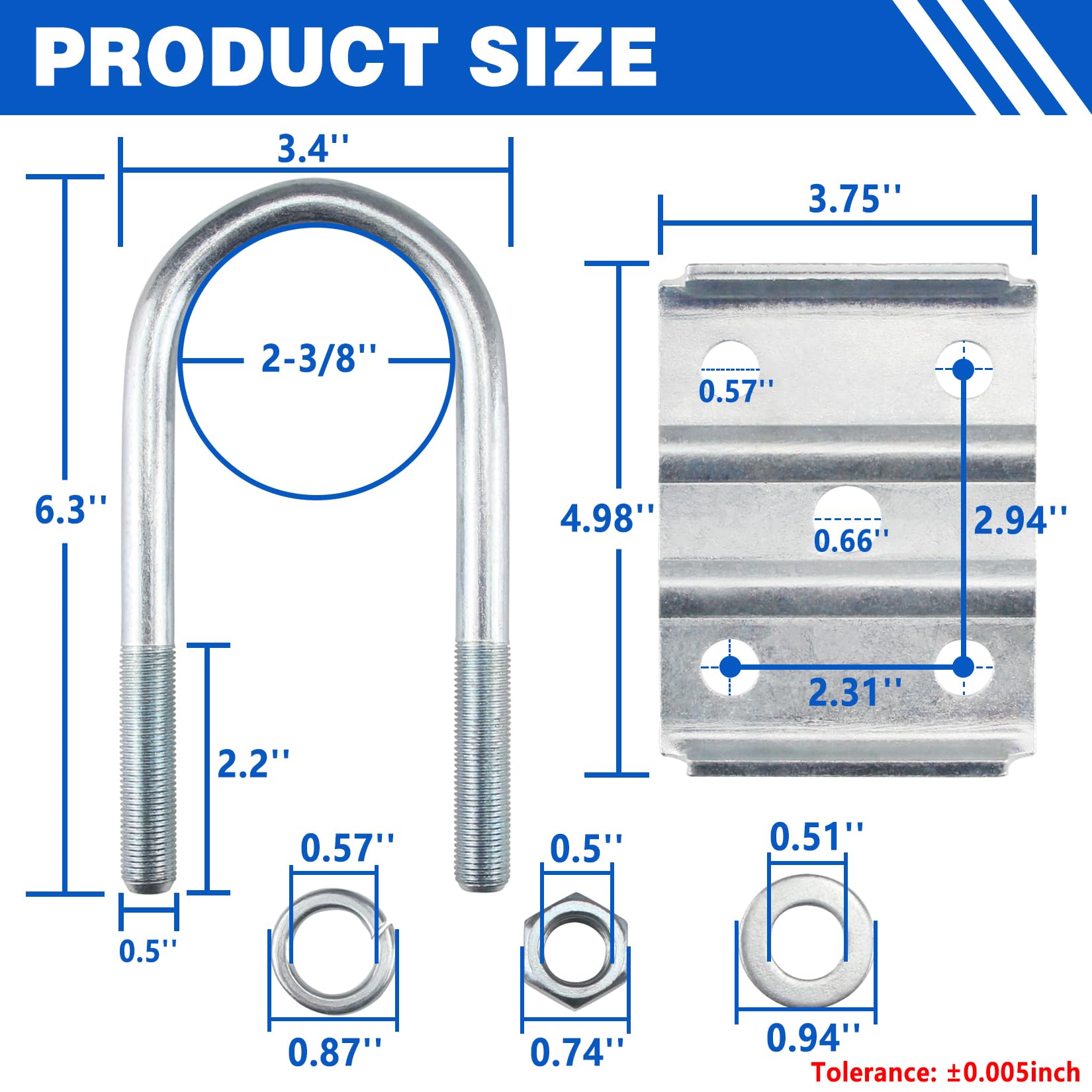 1/2" U-Bolt Kit | 2-3/8" Round Axle | 5-1/2" Length | 1-3/4" Spring - U