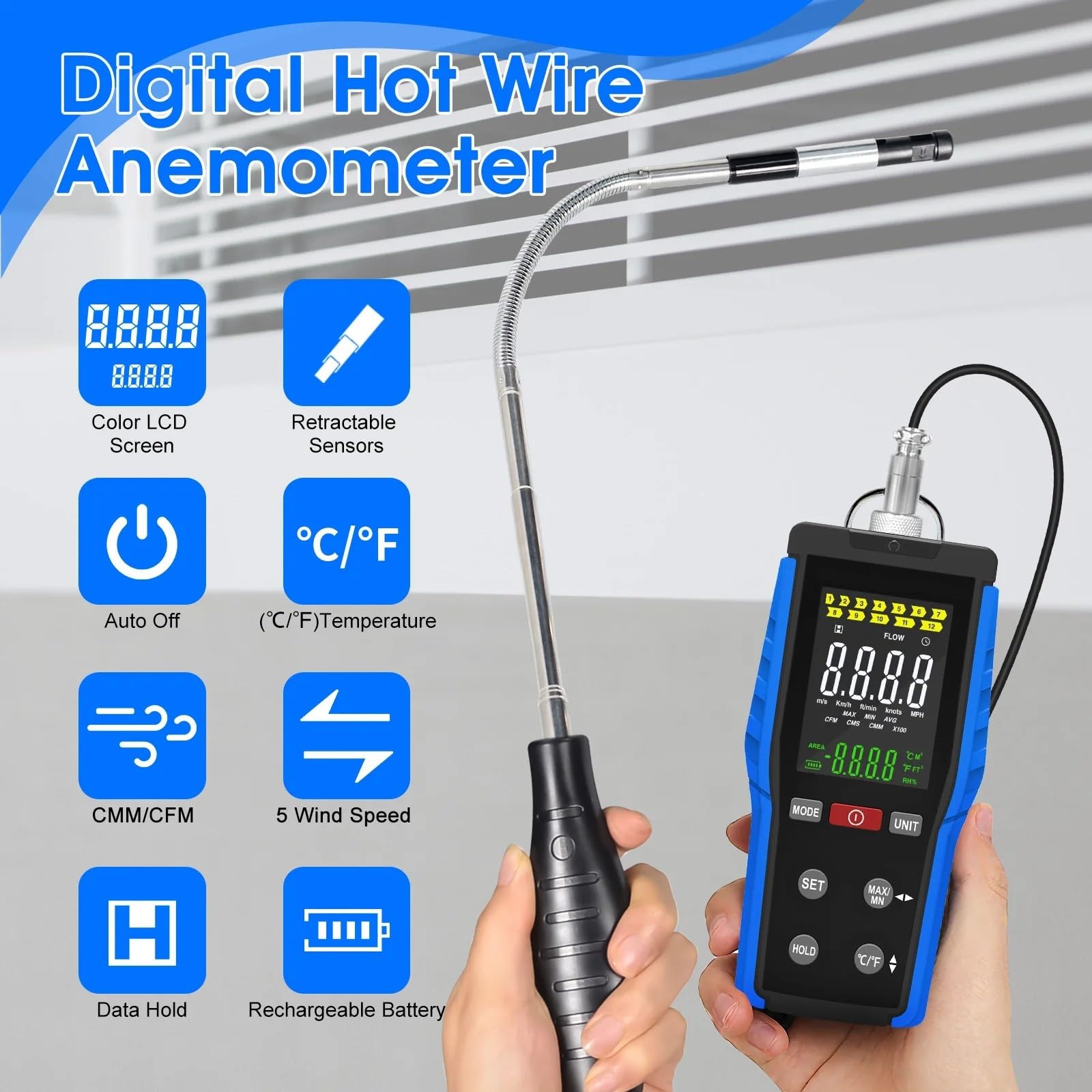 Anemometro, Anemometro a filo caldo, misuratore di portata d'aria portatile 3 in 1 (CFM/CMM/CMS), misuratore di velocità e temperatura del ricaricabile, sonda telescoa