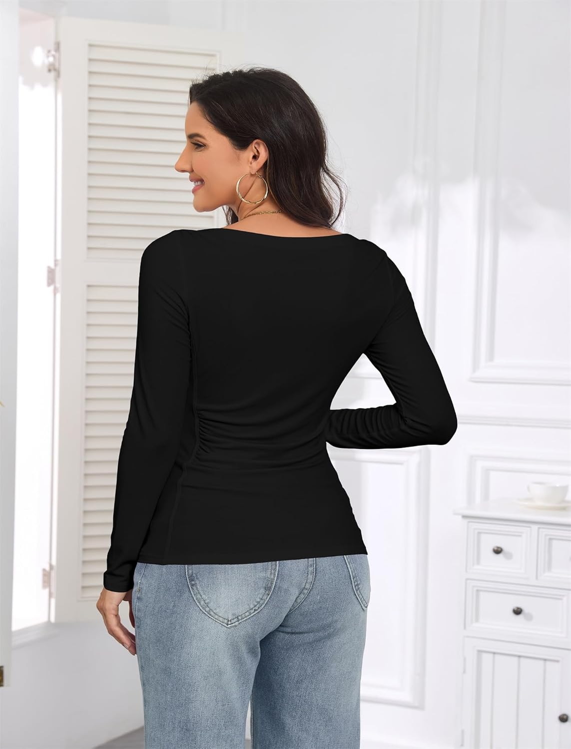 Women Off Shoulder Long Sleeve Boat Neck T Shirt Slim Fit Fall Winter Ruched Stretch Layer Blouse Tops - Image 6