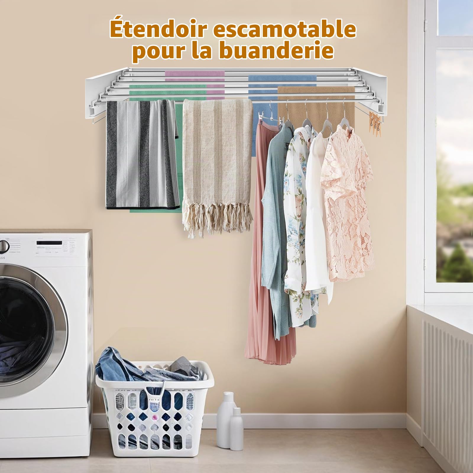 Sèche-Linge Mural Pliable Linge Rétractable 6 Barres 100 cm Blanc