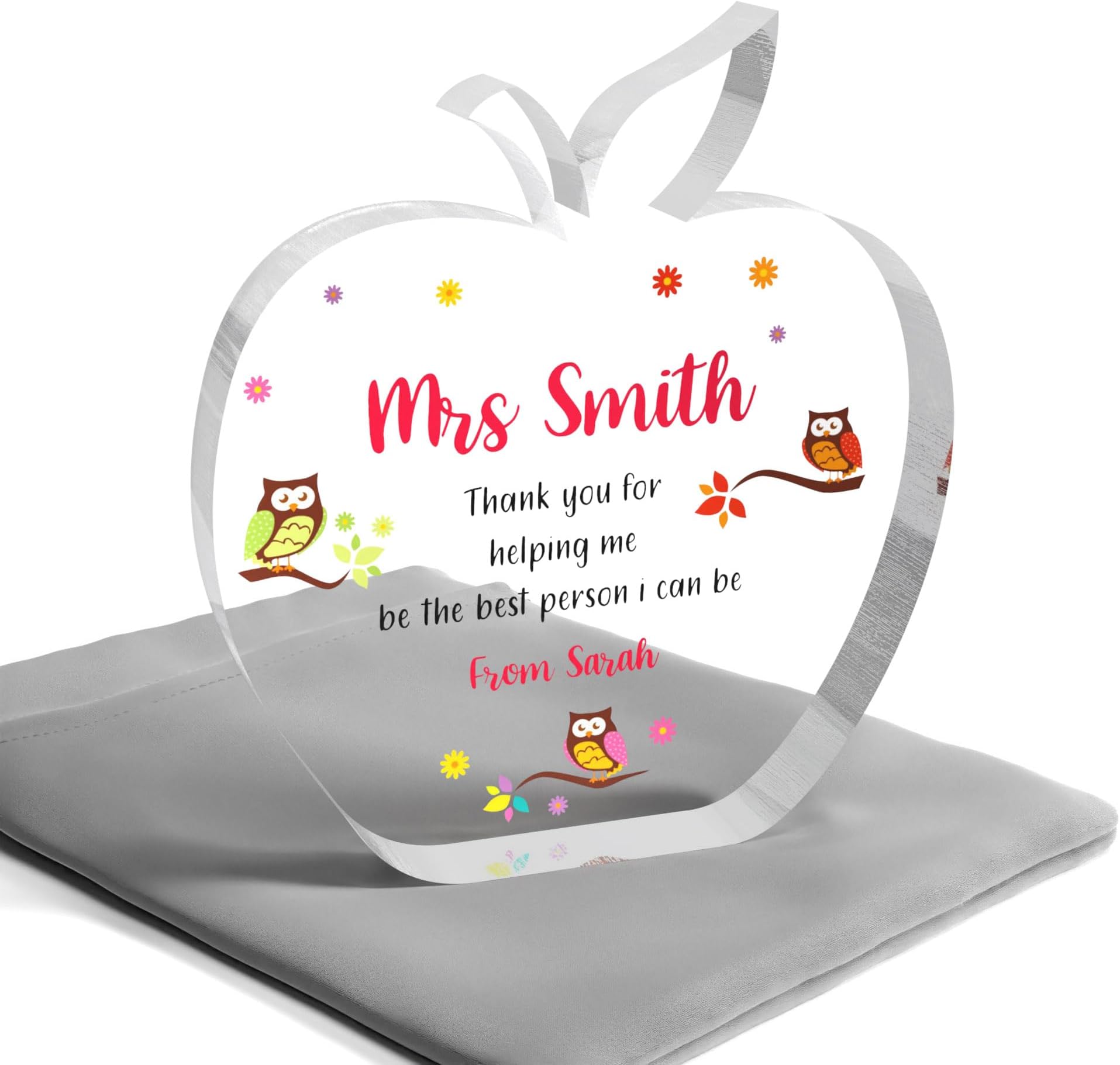 Beecreative Personalised Thank You Teacher Gift - Bespoke Acrylic Teacher Apple Keepsake - Freestanding Teacher Gift - With Grey Bag