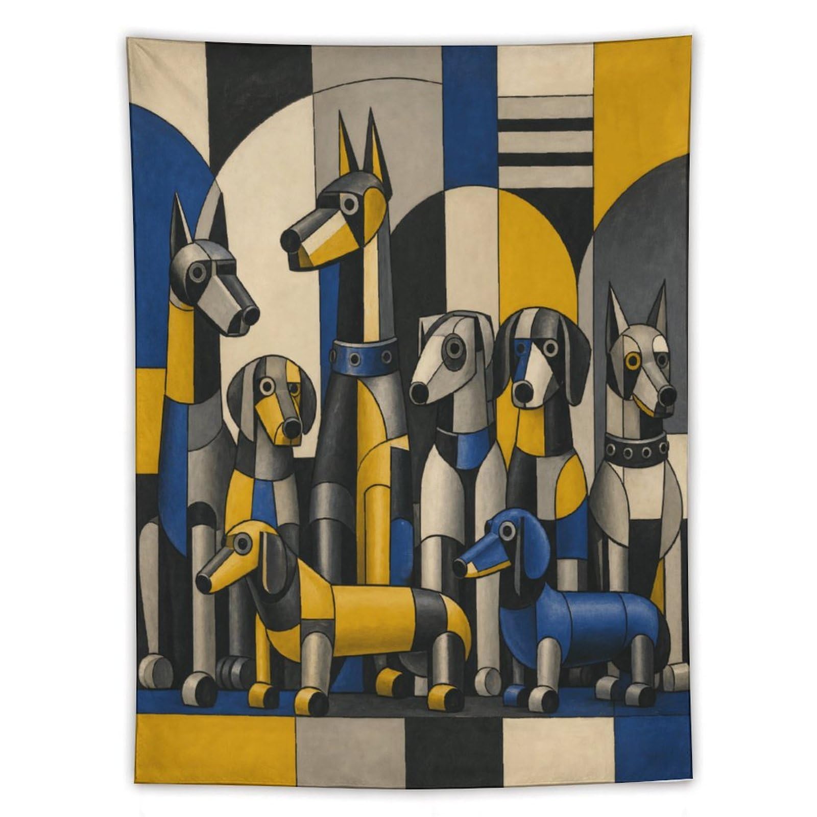 W7C8U2X3 Geometric Dog Pack Wall Tapestry, Geometric Art, Blue Yellow