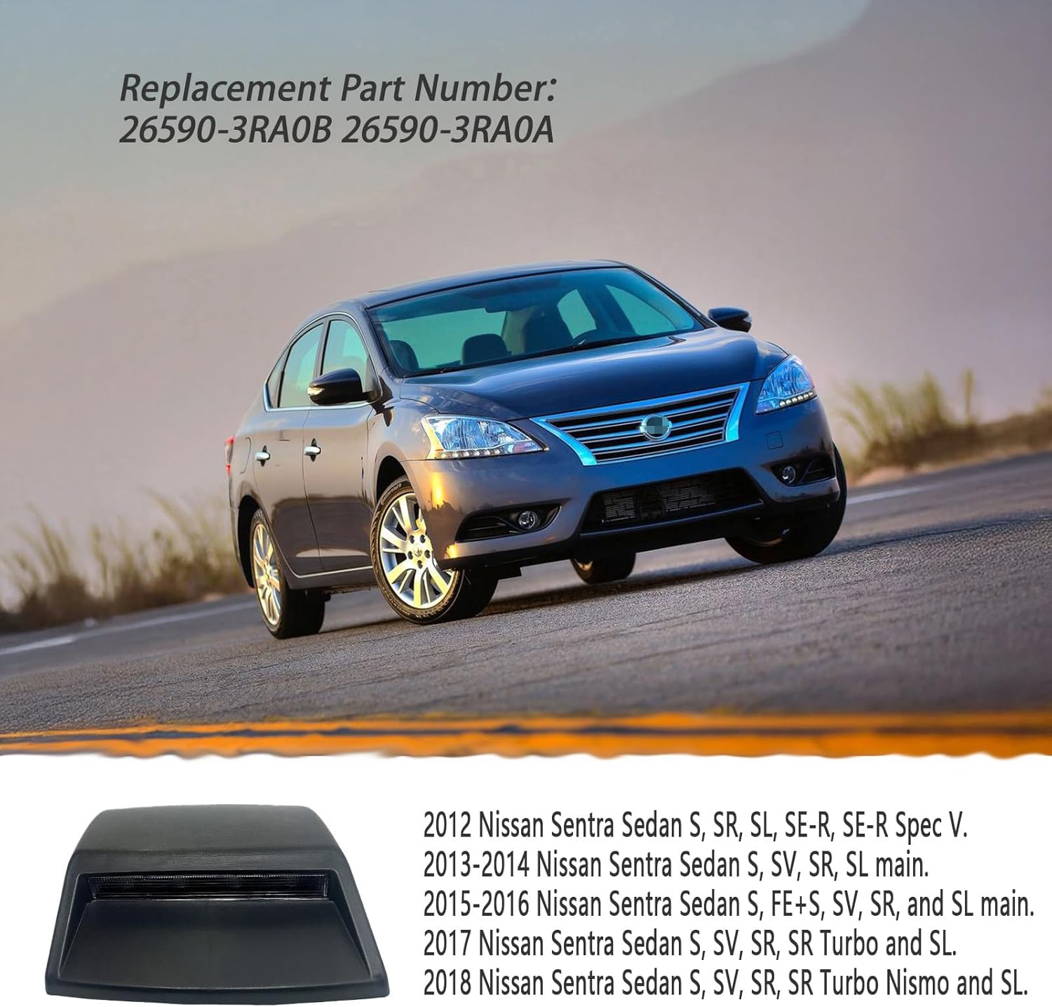 3rd Third Brake Light Full LED Rear Center Waterproof High Mount Stop Light 3rd Lamp Compatible With 2012 2013 2014 2015 2016 2017 2018 Nissan Sentra Repalcement 26590-3RA0B 26590-3RA0A