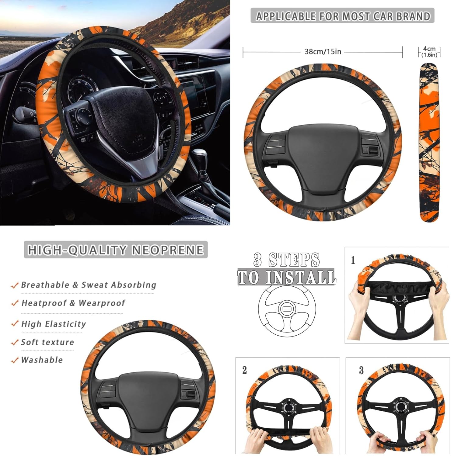 CLOHOMIN Camo Hunting Car Seat Covers Full Set of 14 Orange Wood Steering Wheel Cover Seat Belt Pad Cover Waste Bin Rear View Mirror Cover Coasters Armrest Cover Handbrake Cover Set Car Decor