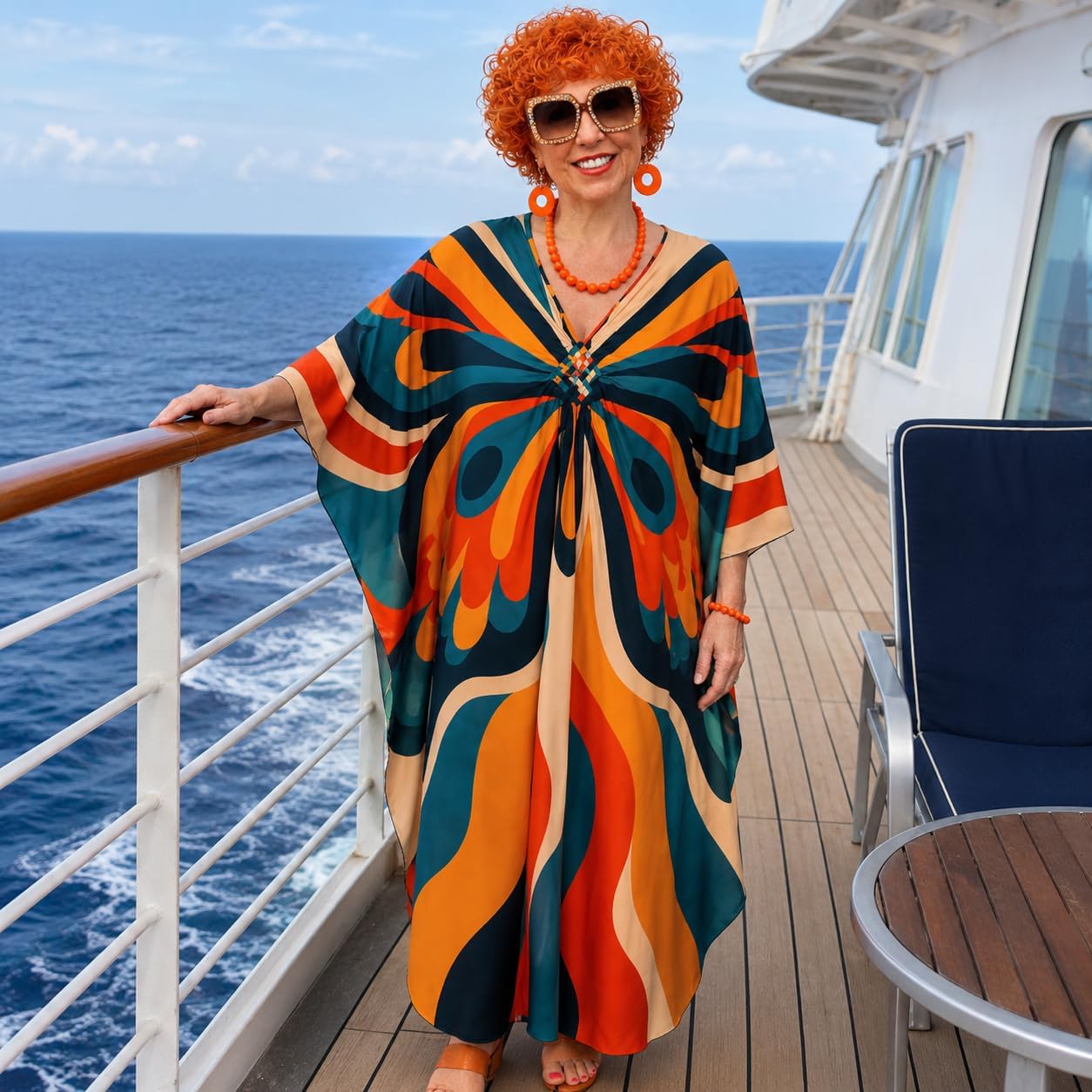 6 Pcs Women's Landlady Costume Curly Wig Caftan Dress Bead Jewelry and Glasses for Halloween Luau Cruise Party