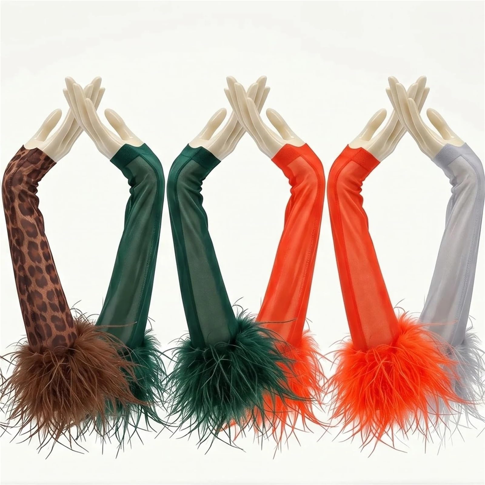 Guante de plumas avestruz, malla transparente, largo y esponjoso
