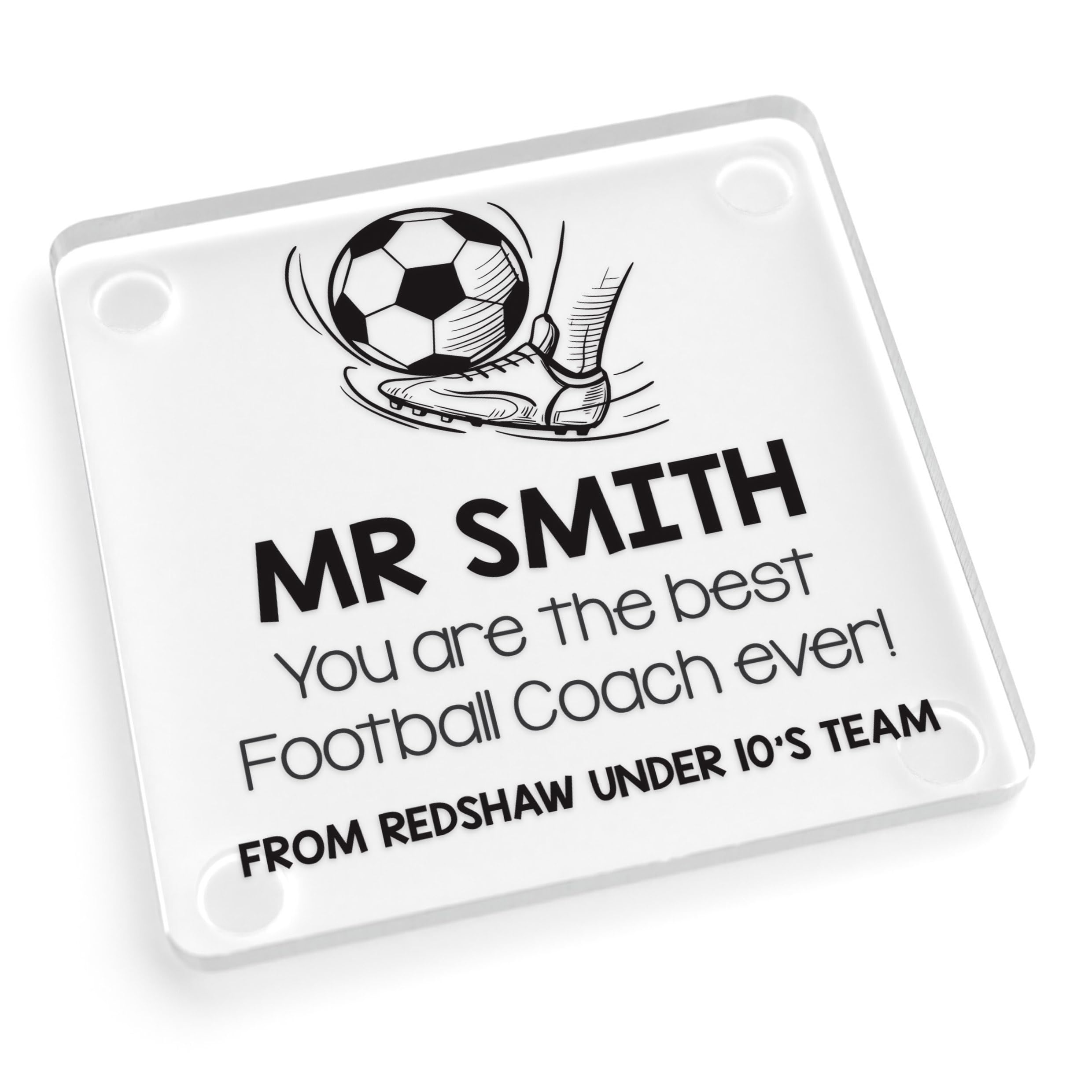 Beecreative Personalised Football Coach Gifts - Custom Clear Acrylic Square Coaster - Thank You Football Coach End Of Season Gift - With Grey Bag