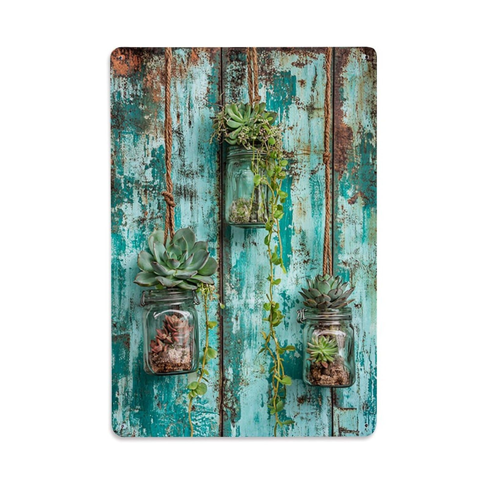Jdfenggu Vintage Succulents In Hanging Glass Jars Retro Metal Tin Sign, Metal Poster For Bar, Home, Man Cave, Kitchen, Laundry Room Art Decor 8X12 Inch