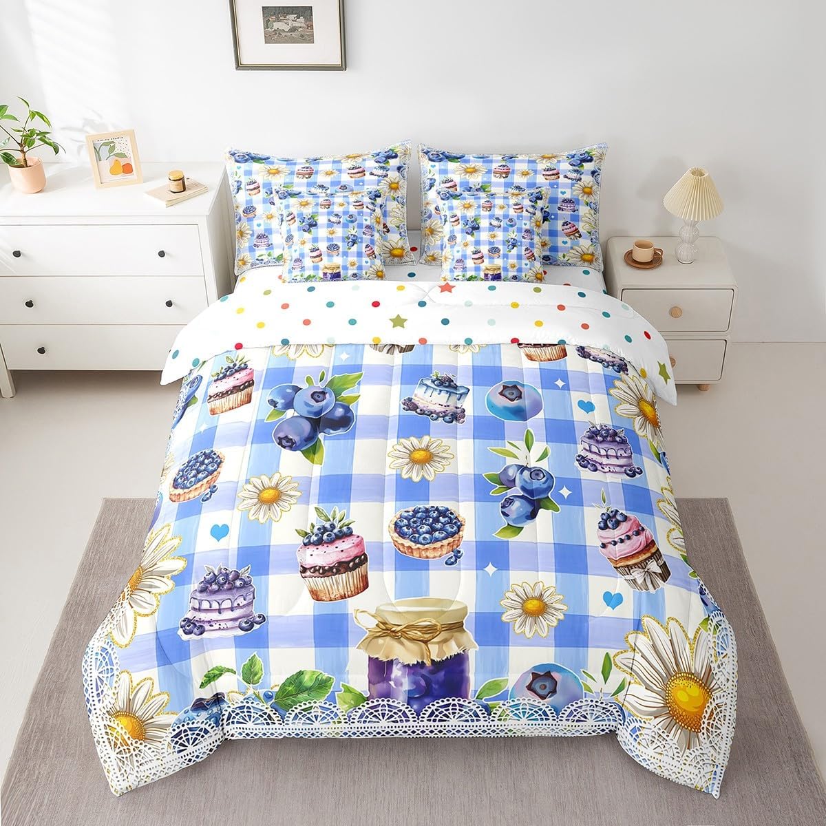 Castle Fairy Blueberry Comforter Set Bed in a Bag 7 Pieces Twin,Watercolor Blueberry Cupcake Pie Bedding Set,White Daisy Flowers (Comforter+Fitted+Flat Sheet+2 Pillowcases+2 Throw Pillow Covers)