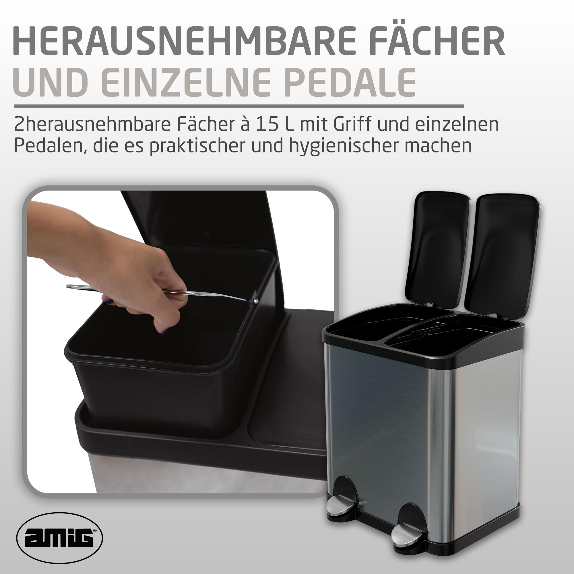 Amig - Doppelter Abfalleimer Recycling Mod. RECIK2-2 x 15L - 30 Liter - Mit 2 Fächern und Öffnung mit Pedal - 48x32x40 cm - Fassungsvermögen 15 l pro Behälter - Hermetischer Deckel - Edelstahl