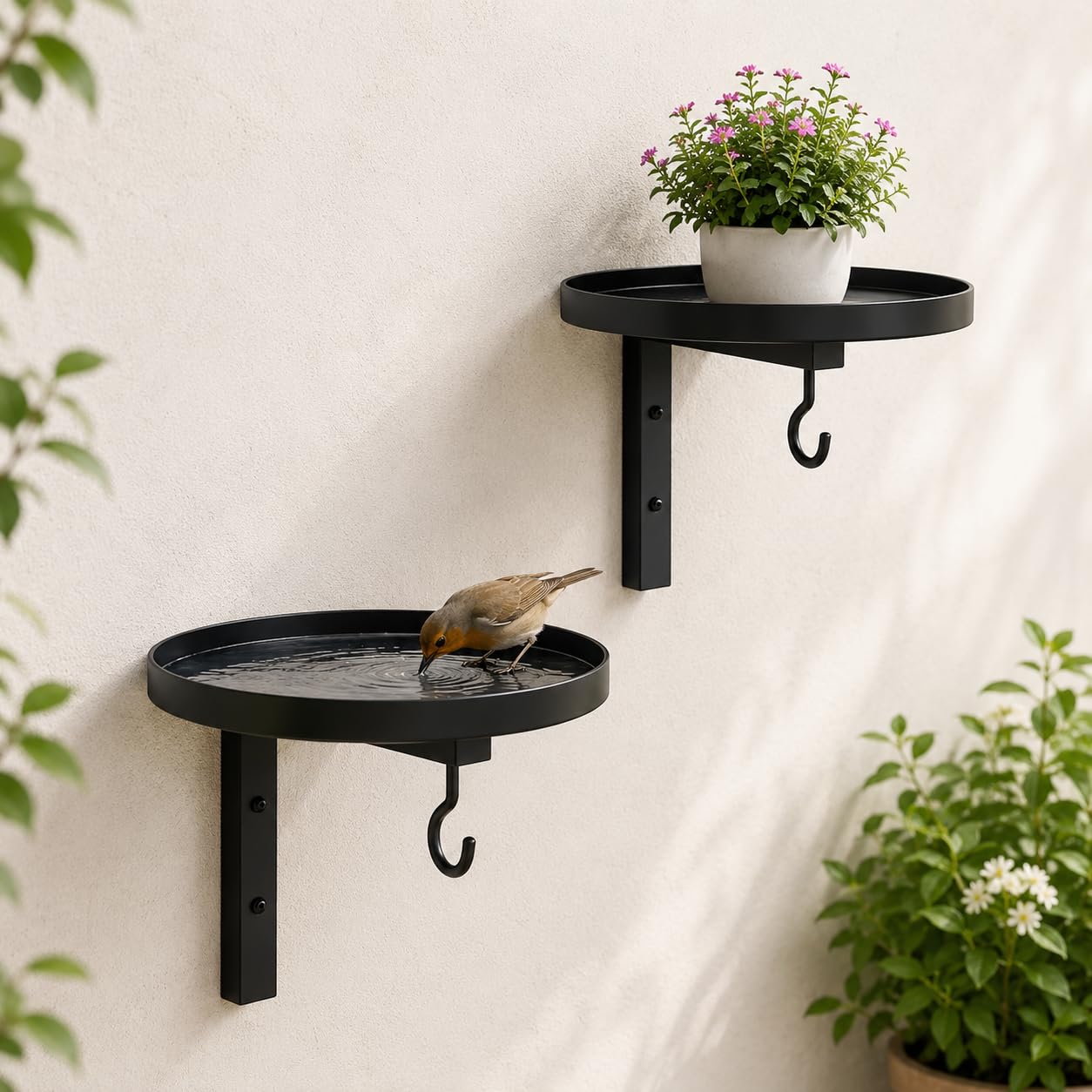 Wall-Mounted Metal Bird Bath Basin Outdoor, Iron Wall Plant Holder Garden Decor for Balcony Fence Patio, Decorative Hanging Bracket for Bird Feeder Flower Pot Display (2Pcs)