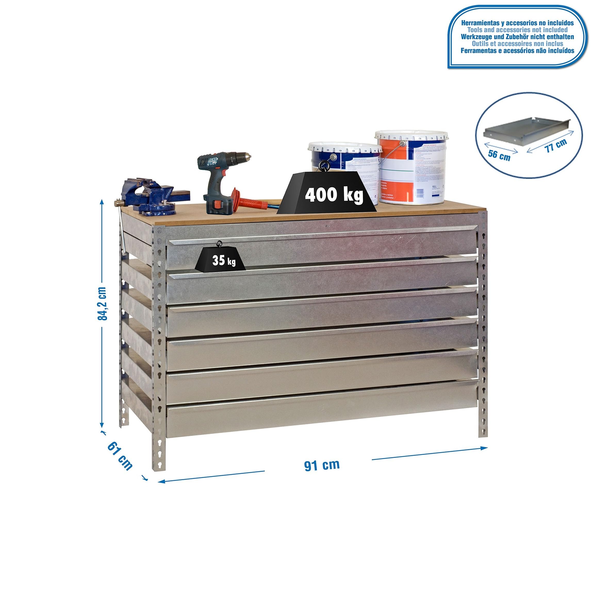Simon Rack Banco de Trabajo Taller con 6 cajones 910x610 mm - BT5 | Tablero madera 16 mm, Capacidad Carga 600 kg, Galva , Pintura anticorrosión, Montaje sistema clic