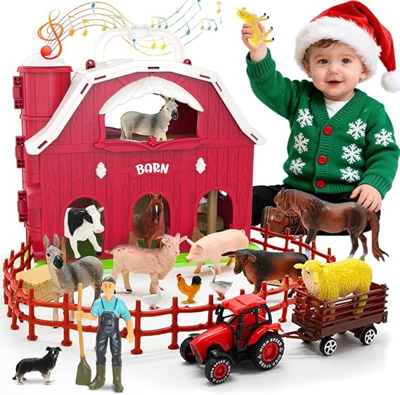 Big Red Barn Toys for Toddlers 1-3, Farm Animal Figures Playset with Tractor for 2 3 4 5 Year Old Kids, Musical Preschool Montessori STEM Learning Toys, Christmas Birthday Easter Gift for Boys Girls