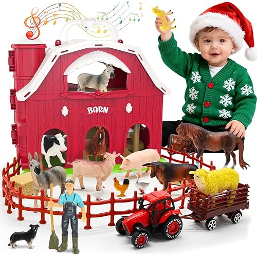 Big Red Barn Toys for Toddlers 1-3, Farm Animal Figures Playset with Tractor for 2 3 4 5 Year Old Kids, Musical Preschool Montessori STEM Learning Toys, Christmas Birthday Easter Gift for Boys Girls