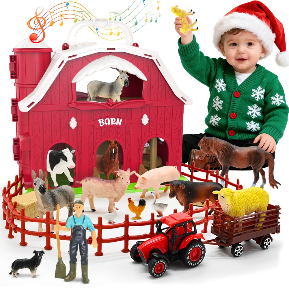 Kimicare Red Barn and Farm Animal Figures Playset, 20Pack Preschool STEM Toys for Kids