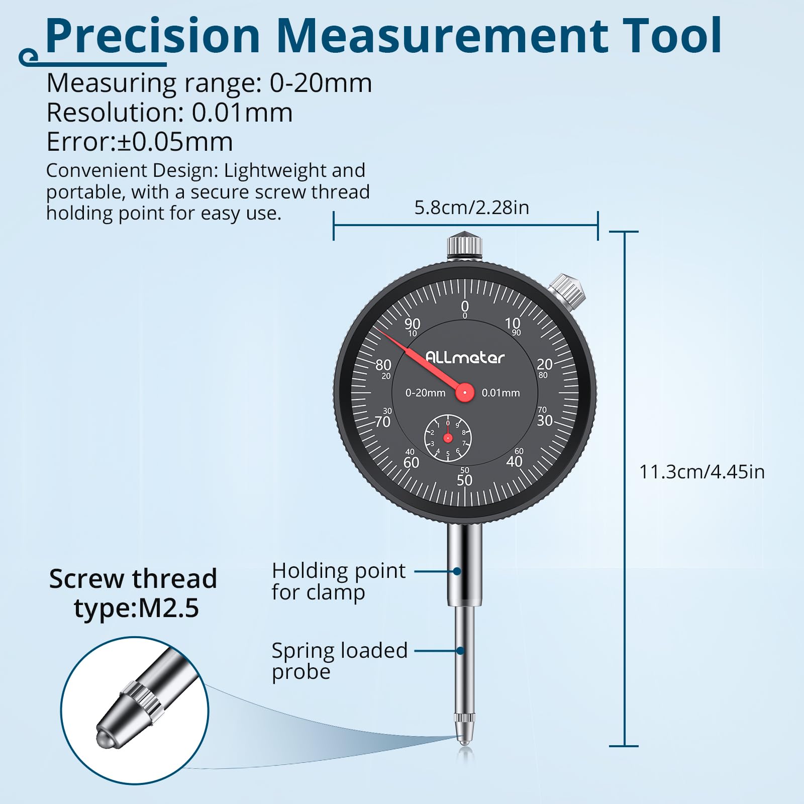 Mechaniczny zestaw mikrometrów 0-20 mm z podstawą magnetyczną, siła trzymania 60 kg, precyzyjny pomiar, regulowany uchwyt na ramię, idealny do obróbki metalu i precyzyjnych pomiarów