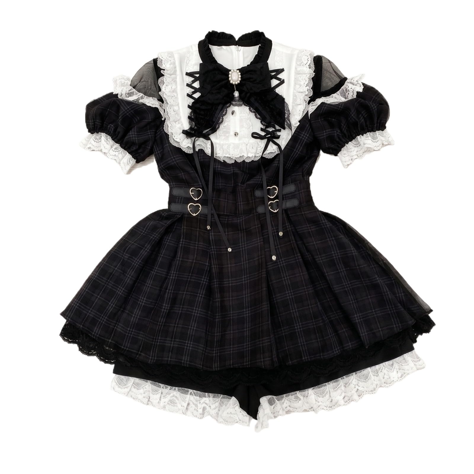 Jirai Kei Dress Laced Trim Puff Sleeve Skirt with Bow Gothic Plaid Dresses Lolita Fashion Clothing