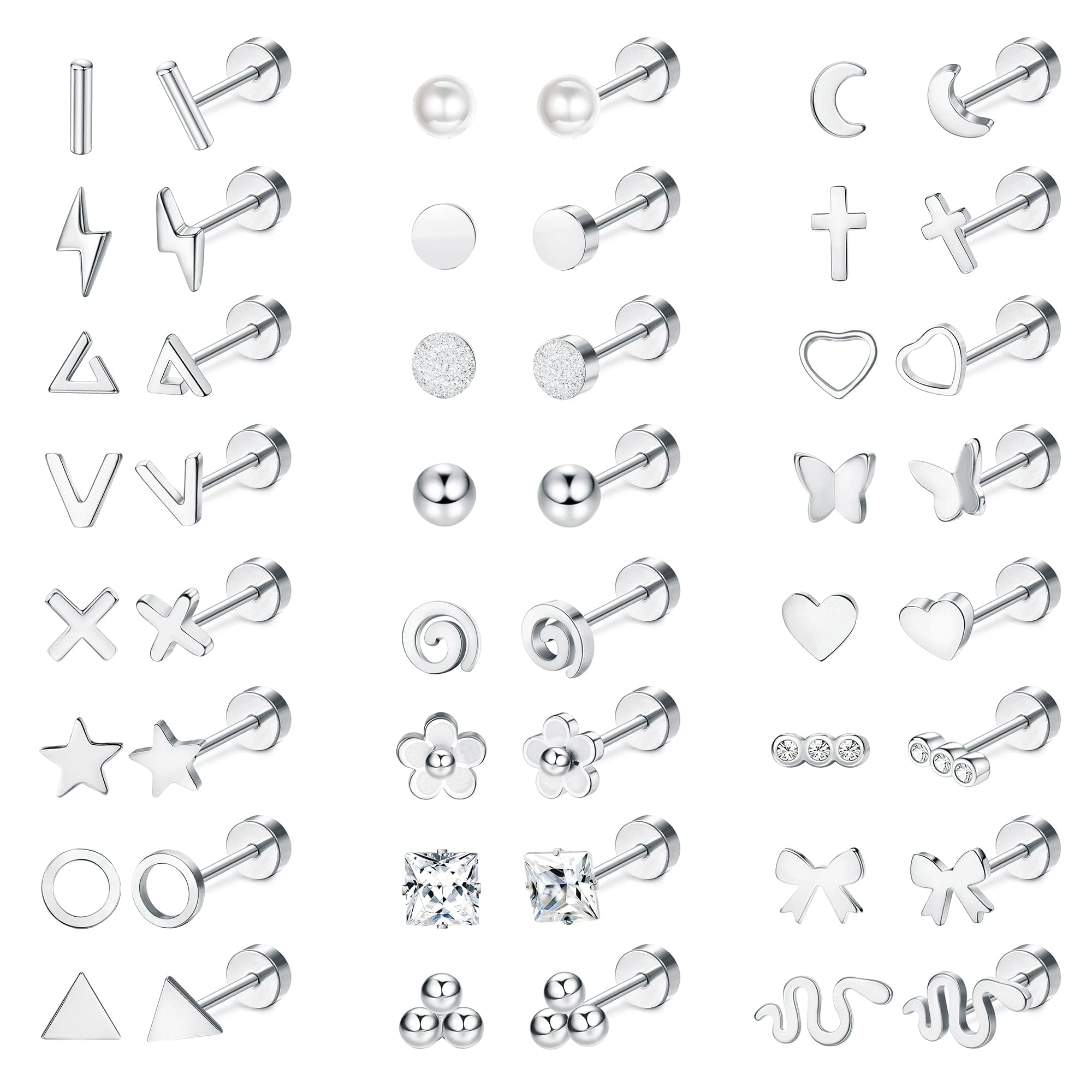 Finrezio24 Pares Pequeños Pendientes Acero Inoxidable para Mujeres Pendientes Cartílago Hélice Trago Aretes Pequeños Planos Aretes Mariposa Piercing Corazón Pendientes Joyería Piercing