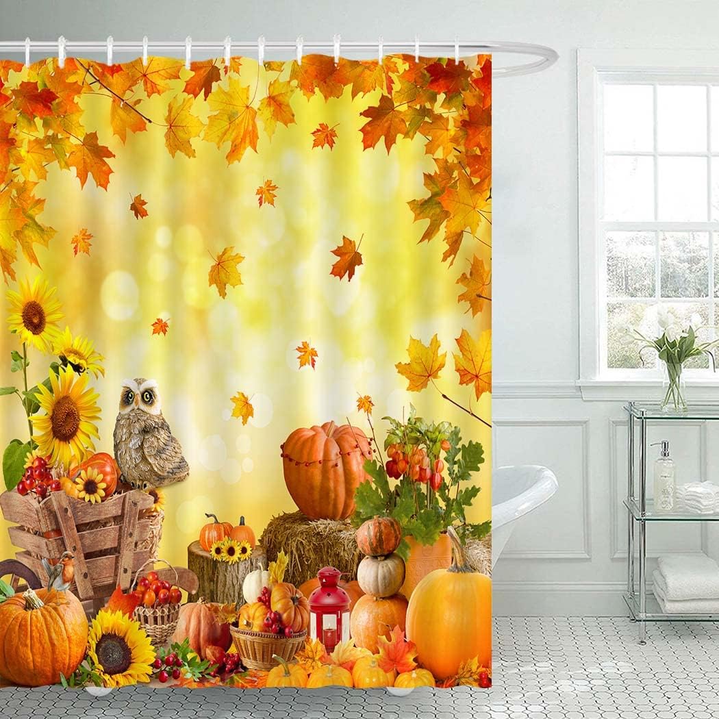 Amazon.com: Juirnost Fall Pumpkins Maple Shower Curtain Autumn Thanksgiving Day Shower Curtain ...
