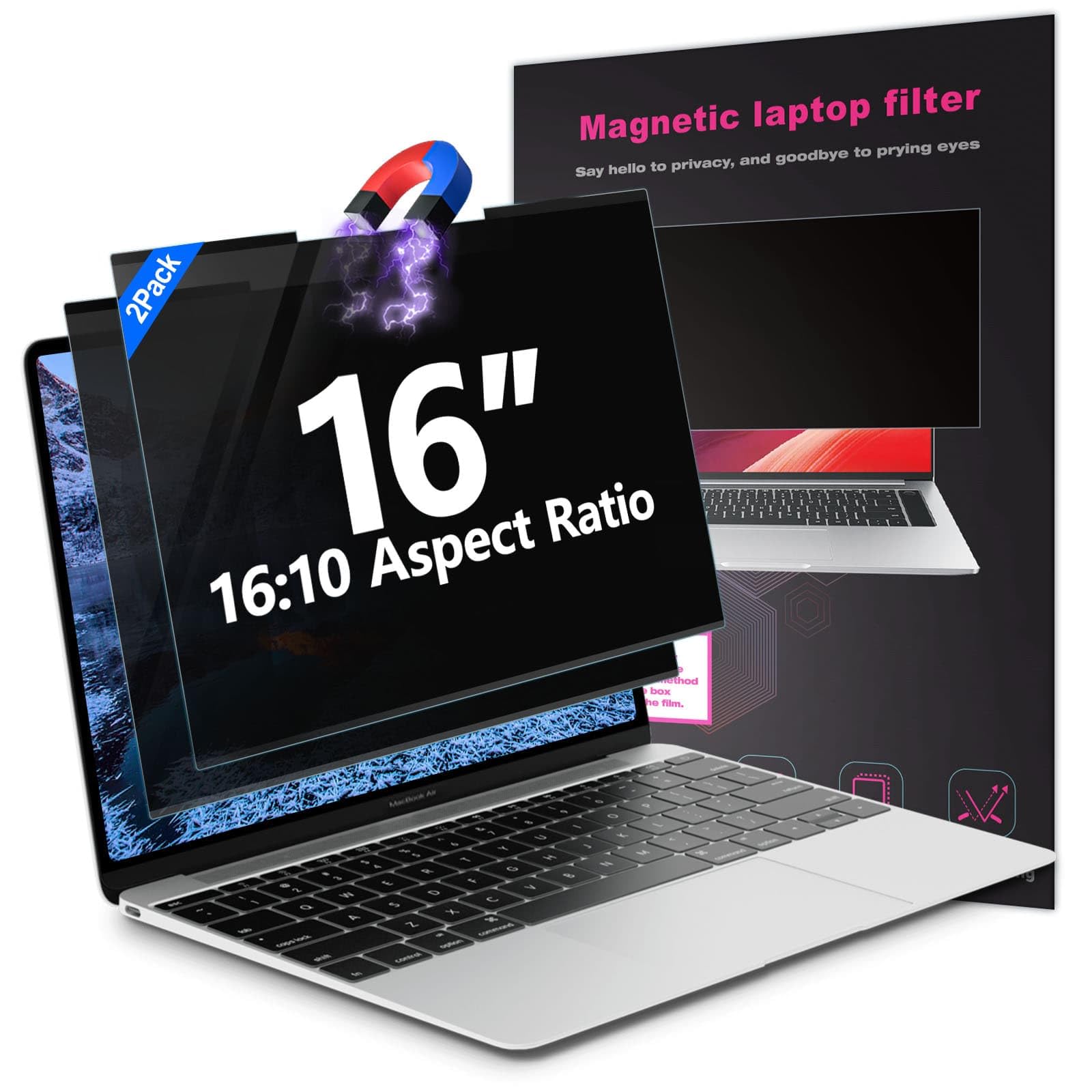 2Pack Magnetic 16 Inch Laptop Privacy Screen 16:10 Aspect Ratio, Removable Anti-Blue/Glare Protector Film, Anti Spy Desktop Security Private Filter 16in