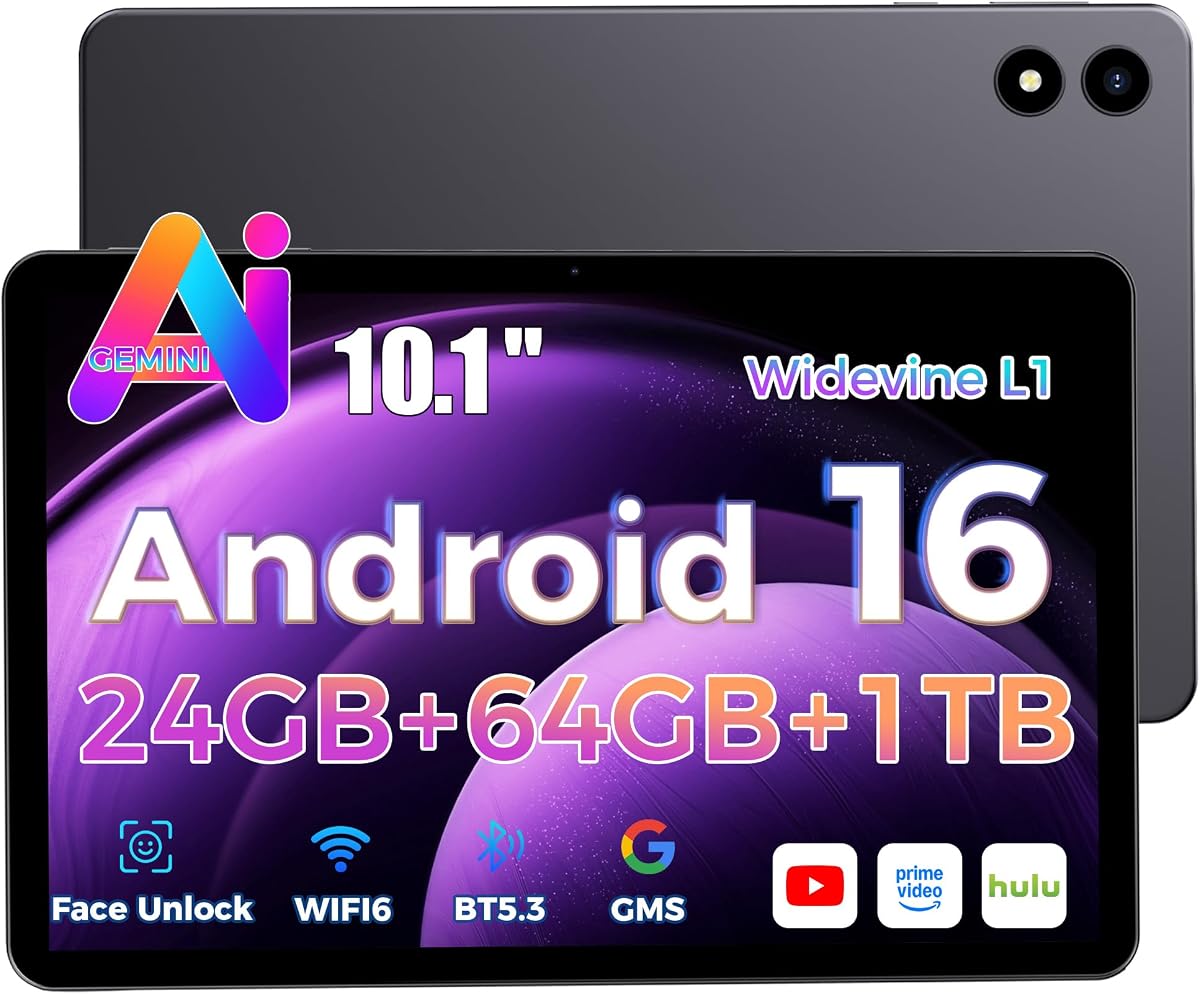 2026 Tablet 10.1 inch Android 16 with Gemini AI, 16GB RAM + 64GB ROM, GMS Widevine L1, WiFi 6 & BT 5.3, 1280 * 800 HD, 6000mAh Tablet (Gray)