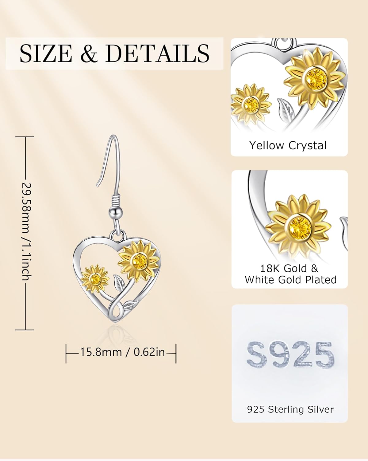 Silver Sunflower Heart Earrings for Women - 925 Sterling Silver Opal Sunflowers/Daisy Heart Dangle Hoop Earring, Valentines Mothers Day Christmas Gifts Jewelry for Her - Image 6
