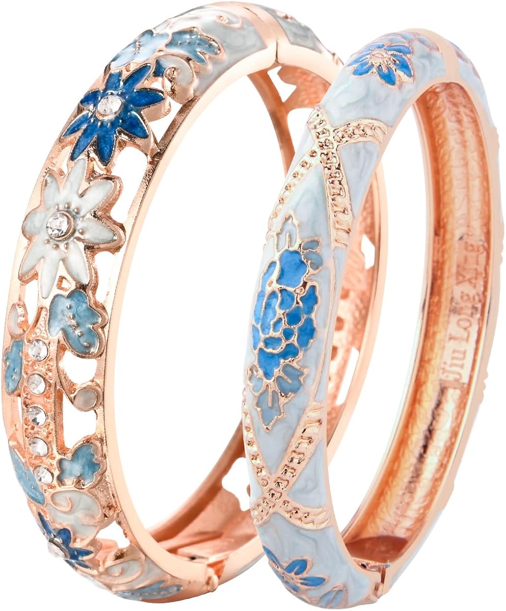 wynameleri Vintage Jewelry Cloisonne Handcrafted Enameled Gorgeous Rhinestone Rose Hinged Cuff Bracelet Bangles Gifts 88A-55A128