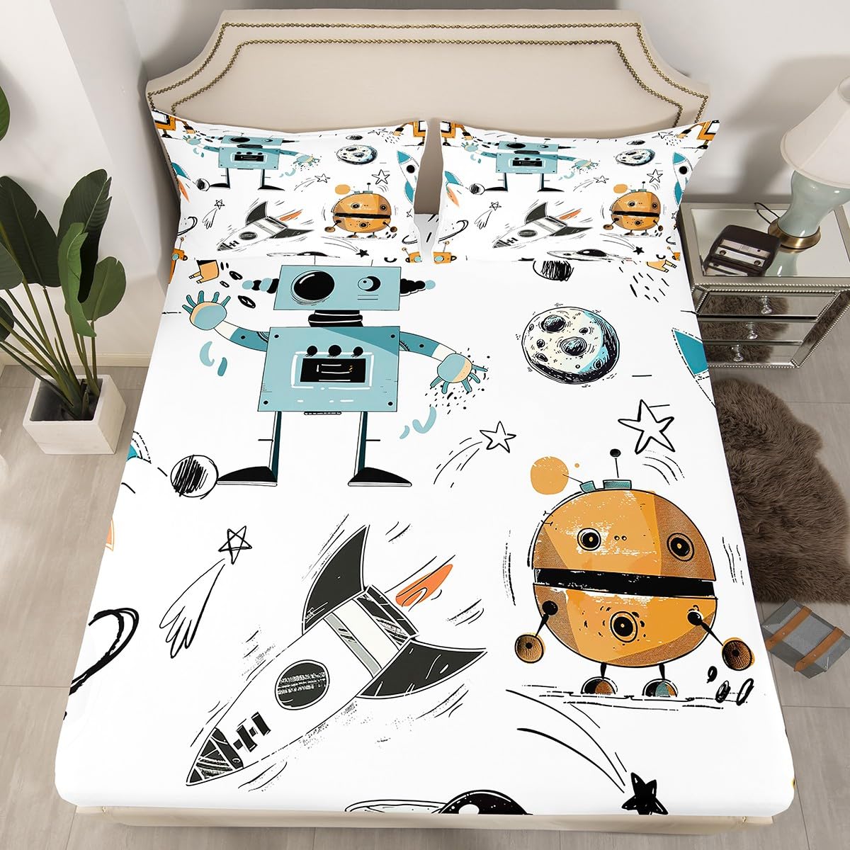 Cute Robot Rocket Fitted Sheet Twin Size - Astronaut Galaxy Bedding Set For Kids, 2Pcs, Deep Pocket