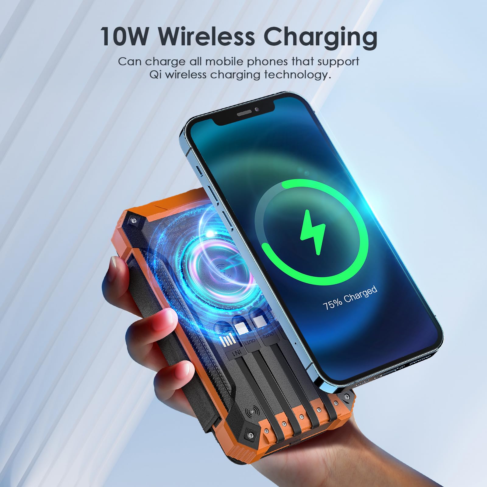 Batterie Externe Solaire 32 000 MAh - Charge Sans Fil, 4 Câbles Intégrés - Pour Téléphone, Tablette, Camping - 4