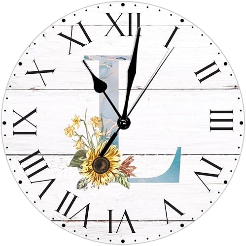 ArogGeld Reloj de PVC con monograma inicial en L, reloj de pared redondo del alfabeto, girasol, números romanos, reloj de pared colgante antiguo de