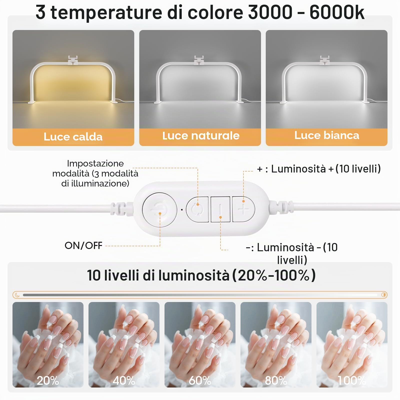 Lampada da Tavolo per Unghie, 72CM 40W Lampada Mezzaluna Estetista, Bianco | Lmaqfum lampada arco unghie, led lampada da tavolo manicure professionale con Supporto per lashmaker Ciglia Tatuaggi Manicure