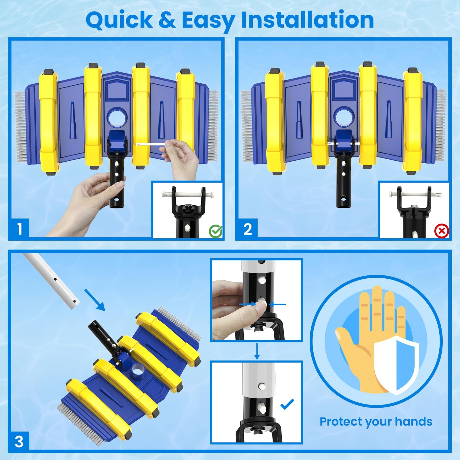 Poolvio Asas de repuesto para cabezal de aspiradora de piscina (paquete de 2) – Asas giratorias de aluminio resistente con clips EZ y pasadores de bloqueo – Se adapta a postes telescópicos estándar de
