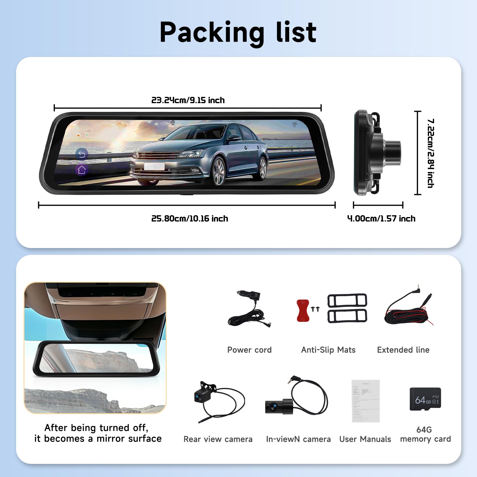 Hodozzy 2K WiFi Specchietto Retrovisore Dash Cam, Dashcam Retrovisore con Schermo IPS 9,66 Pollici Touchscreen con Controllo App, Visione Notturna, Registrazione Loop, Sensore G, BSD LCA+ Scheda 64 G