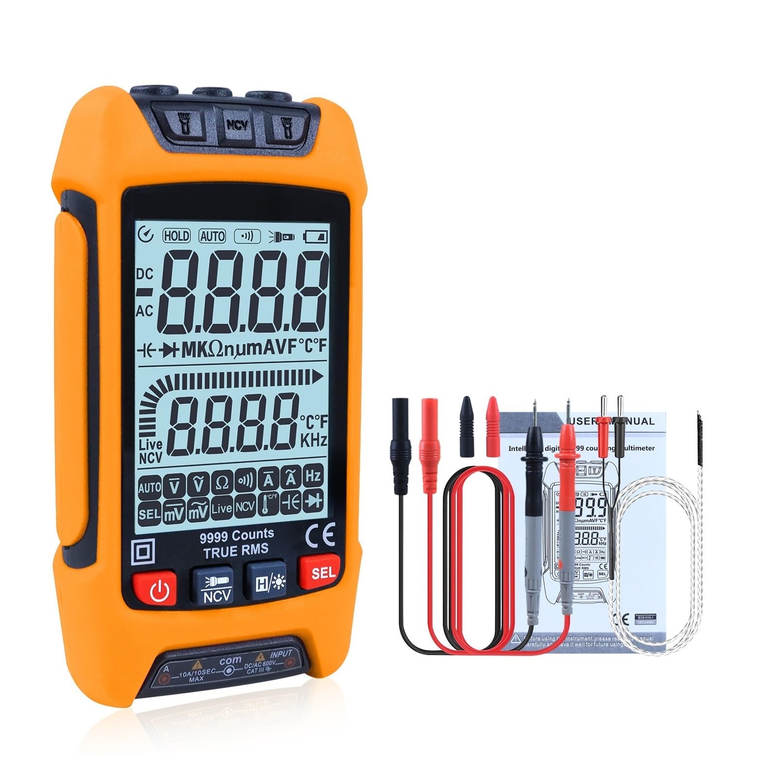 Tester Woltomierz AC/DC Ohm Cyfrowy Multimetr 9999 Zlicza Automatyczny Zakres Rezystancji TRMS Pojemnościowy Temperatury Szybko Dokładnie Łatwy Odczyt(V2-O)